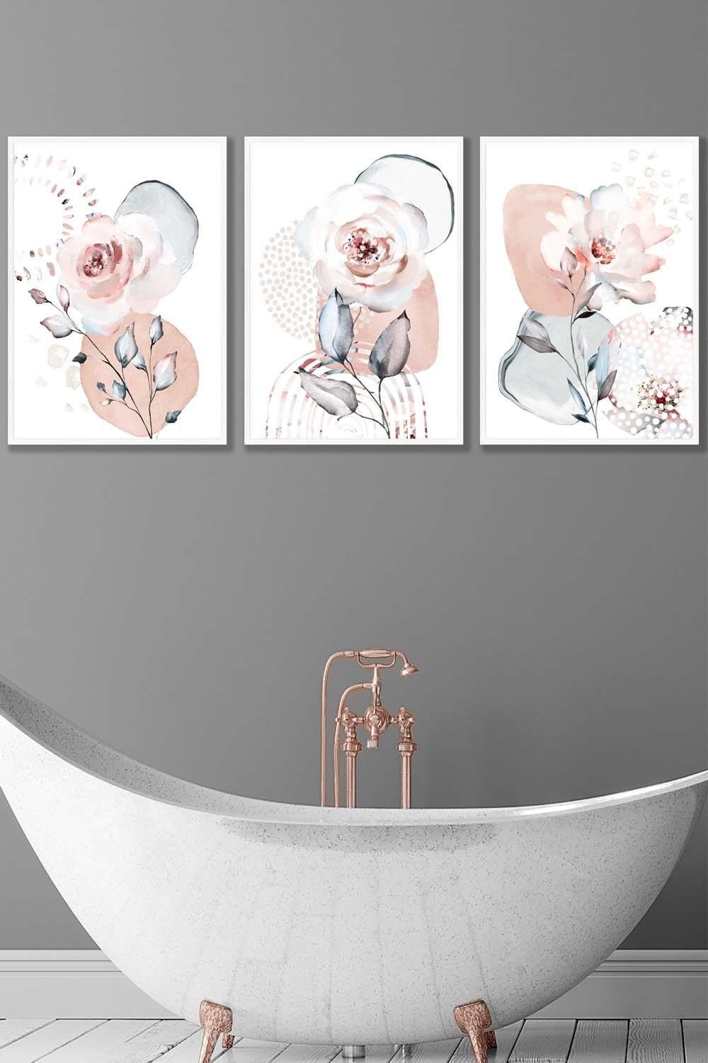 Set of 3 White Framed Abstract Blush Pink Botanical Wall Art